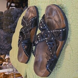 Betula by Birkenstock, Black Leather, Bead embellished, Cork midsole Sandals